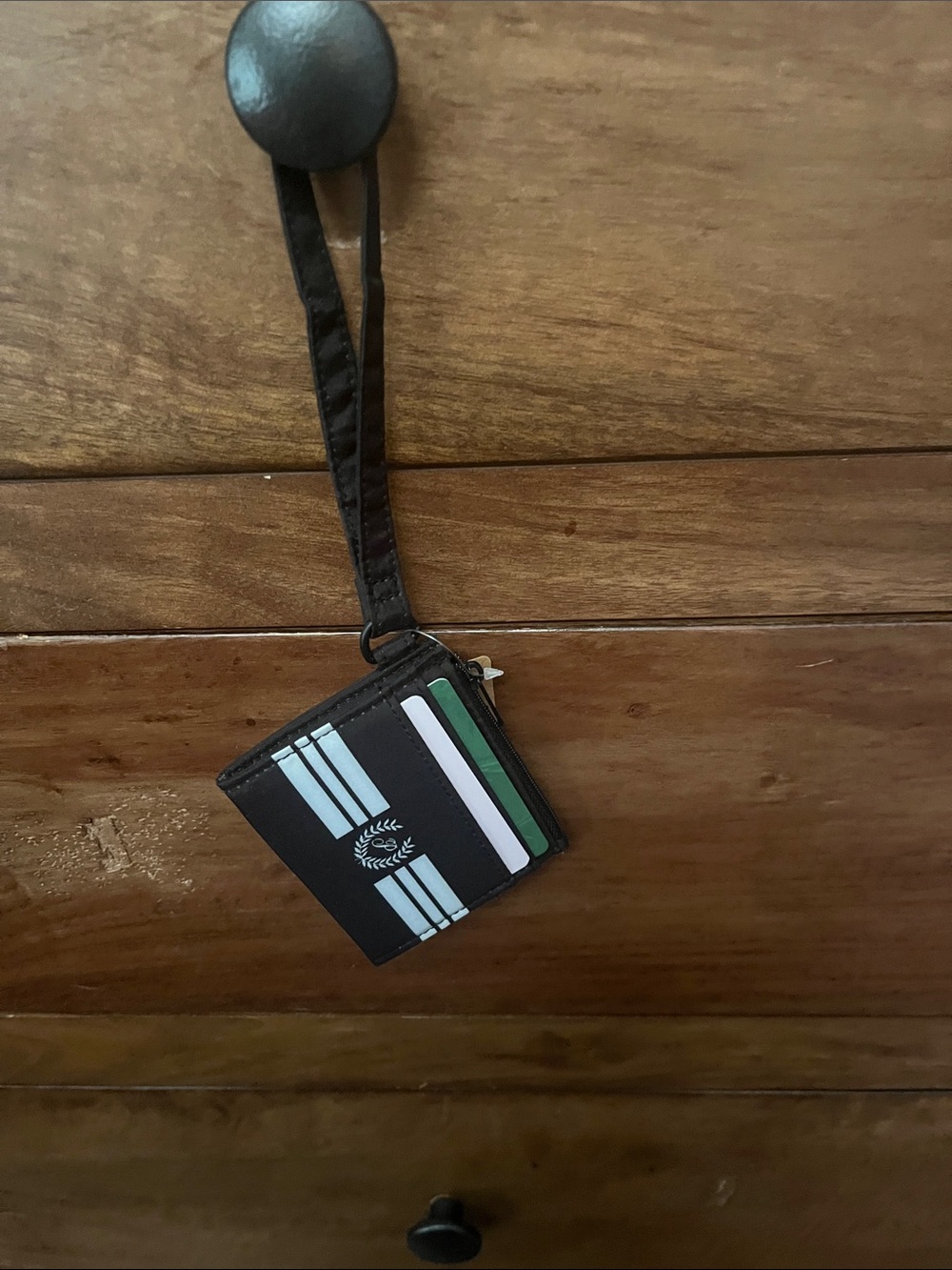 Victoria's Secret Black Card Holder with Light Blue and Green Stripes